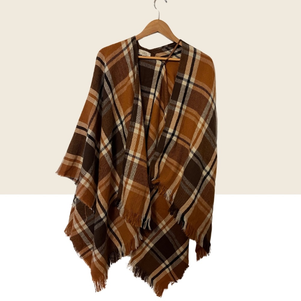 LOFT Plaid Shrug Shawl Wrap Tan and Brown with Tie Size M/L